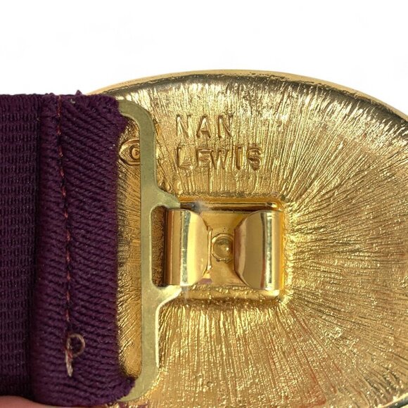 Nan Lewis 1980's Cloisonné Buckle Stretch Elastic Belt Purple, Gold, Green 34"L - Picture 7 of 8